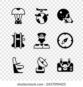 Set Parachute, Globe with flying plane, Modern pilot helmet, Airplane seat, Radar, Aircraft steering,  and Pilot icon. Vector