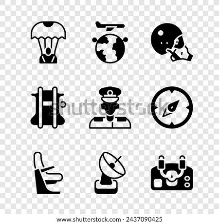 Set Parachute, Globe with flying plane, Modern pilot helmet, Airplane seat, Radar, Aircraft steering,  and Pilot icon. Vector