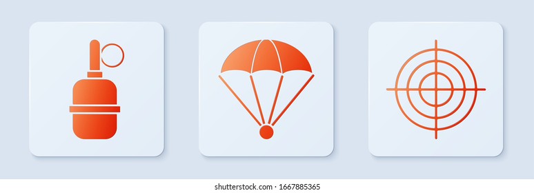Set Parachute , Handgranate und Target sport für Schießwettkämpfe. Weißer Quadrat-Knopf. Vektorillustration