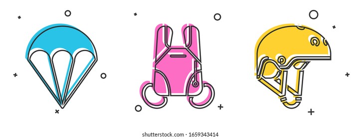 Set Parachute, Parachute and Helmet icon. Vector