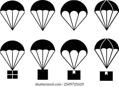 Set of parachute icons in flat styles. Delivery service symbols. Free descent and flight in space delivery gift and good with sudden pleasant surprise help Vectors isolated on transparent background.