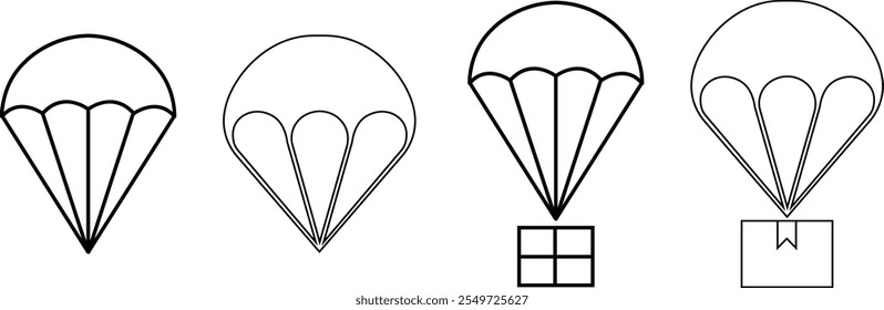 Set of parachute icons in line styles. Delivery service symbols. Free descent and flight in space delivery gift and good with sudden pleasant surprise help Vectors isolated on transparent background.