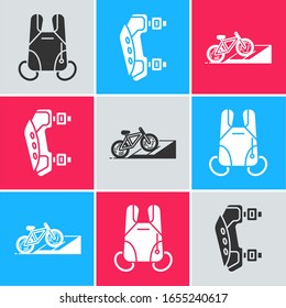 Set Parachute, Knee pads and Bicycle on street ramp icon. Vector