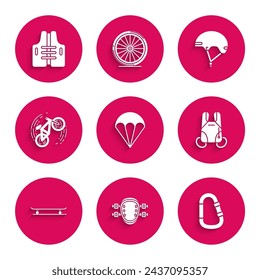 Set Parachute, Knee pads, Carabiner, Skateboard, Bicycle trick, Helmet and Life jacket icon. Vector