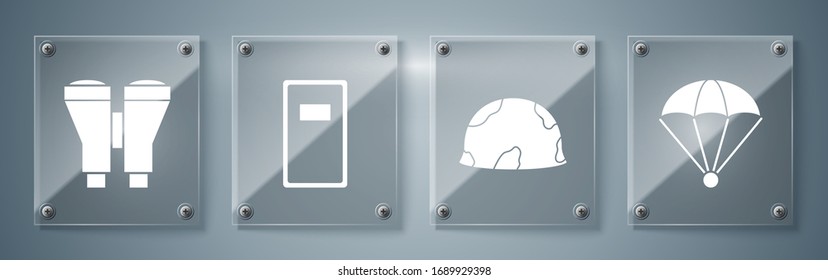 Set Parachute , Military helmet , Police assault shield  and Binoculars . Square glass panels. Vector