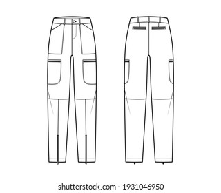 Set of Parachute pants technical fashion illustration with normal waist, rise, pockets, belt loops, full lengths. Flat bottom apparel template front back, white color style. Women, unisex CAD mockup