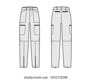 Set of Parachute pants technical fashion illustration with normal waist, rise, pockets, belt loops, full lengths. Flat bottom apparel template front back grey color style. Women, men unisex CAD mockup