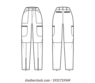 Set of Parachute pants technical fashion illustration with normal waist, high rise, pockets, belt loops, full lengths. Flat template front back, white, color style. Women, men, unisex CAD mockup