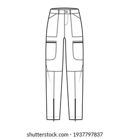 Set of Parachute pants technical fashion illustration with normal waist, rise, pockets, belt loops, full lengths. Flat bottom apparel template front, white color style. Women, men, unisex CAD mockup