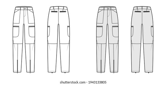 Set of Parachute pants technical fashion illustration with normal waist, rise, pockets, belt loops, full lengths. Flat bottom apparel front back, white, grey color style. Women, men, unisex CAD mockup