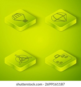 Ajuste Paraquedas, Hélice de avião, Mala e Caixa voando sobre paraquedas. Painéis de vidro quadrados. Vetor