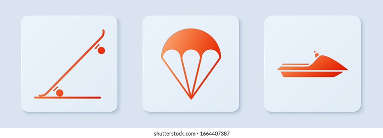 Set Parachute, Skateboard and Jet ski. White square button. Vector
