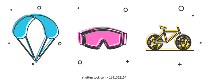 Set Parachute, Ski goggles and Bicycle icon. Vector