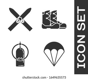 Set Parachute, Ski and sticks, Aqualung and Boots icon. Vector