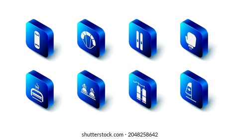 Set Parachute, Ski and sticks, Boxing glove, Windsurfing, Aqualung, Snowboard, lift and Skateboard trick icon. Vector