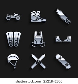 Set Parachute, Ski and sticks, Skateboard trick, park, Bicycle helmet, Rubber flippers for swimming, Surfboard and All Terrain Vehicle ATV motorcycle icon. Vector