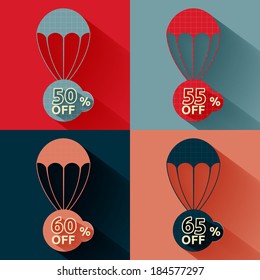 Set of parachutes with discount on multicolor background