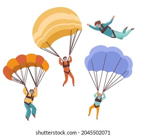 Conjunto de paracaidistas de estilo plano. Hombre volando con paracaídas. Ilustración vectorial brillante aislada en el fondo blanco deportes extremos