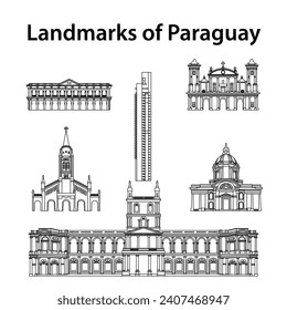 conjunto de monumentos famosos de paraguay por estilo de contorno de silueta,ilustración vectorial