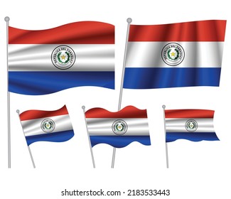 Set of Paraguay waving flag on isolated background vector illustration. 3 Paraguay wavy realistic flag as a symbol of patriotism
