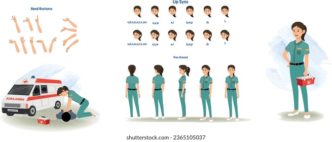 Set of paramedic character design. Character Model sheet. Front, side, back view animated character. Female paramedic character creation set with various views, poses and gestures. Cartoon style, flat