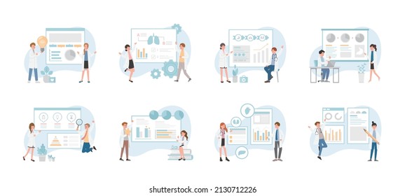 Set of paramedics or medical experts or scientists pointing at presentation boards, chart icons, vector set of abstract graphic elements, data statistics, infographics, analysis tools