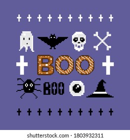 Set of paraphernalia for the holiday Halloween in the old pixel style. Vector isolated elements for video games. Cute icons of bones, skull, spider, witch hat, bat, eyes, Boo lettering.