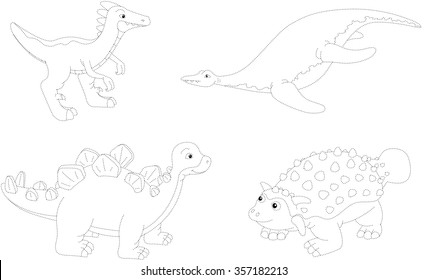 Set of parasaurolophus, ankylosaurus, ichthyosaurus and stegosaurus. Dot to dot educational game for kids. Vector illustration