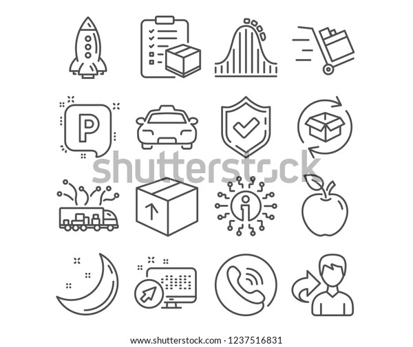 Set of Parcel checklist, Parking and Rocket icons.\
Package, Return parcel and Roller coaster signs. Taxi, Truck\
delivery and Push cart symbols. Logistics check, Auto park,\
Spaceship. Vector
