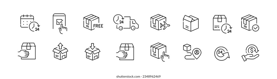 Juego de iconos de entrega de paquetes. Servicio Express las 24 horas, retorno gratuito y seguimiento de aplicaciones en línea. Iconos de trazo de píxeles perfectos y editables