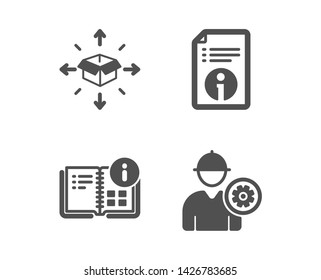 Set of Parcel delivery, Technical info and Instruction info icons. Engineer sign. Logistics service, Documentation, Project. Worker with cogwheel.  Classic design parcel delivery icon. Flat design