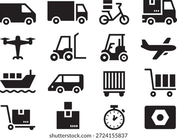 Set of parcel delivery transportation silhouettes, isolated on a white background, ideal for logistics, shipping, courier services, e-commerce, and delivery system designs.