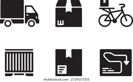 Set of parcel delivery transportation silhouettes, isolated on a white background, ideal for logistics, shipping, courier services, e-commerce, and delivery system designs.