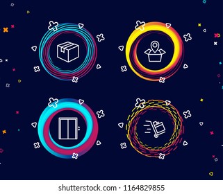 Set of Parcel, Package location and Lift icons. Push cart sign. Shipping box, Delivery tracking, Elevator. Express delivery.  Circle banners with line icons. Gradient colors shapes. Vector