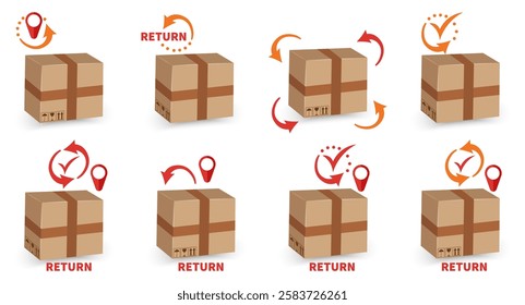 Set of parcel return package boxes on a white background