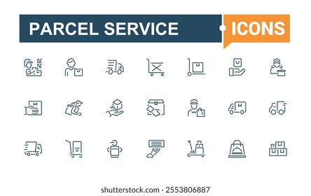 Set of Parcel Service line icons. Containing supply, shipment, box, cargo, service, container, bicycle, car. Outline icon collections. Editable vector icon and illustration.