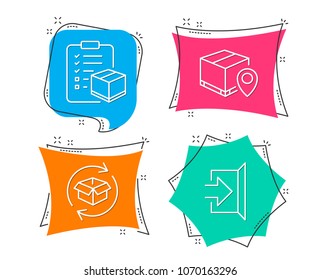 Set of Parcel tracking, Parcel checklist and Exit icons. Package location pin, Logistics check, Exchange of goods. Escape.  Flat geometric colored tags. Vivid banners. Trendy graphic design. Vector