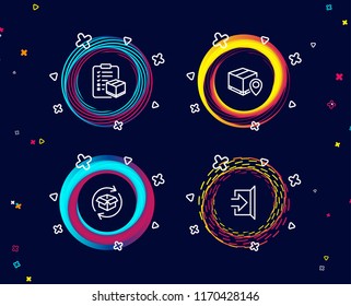 Set of Parcel tracking, Parcel checklist and Exit icons. Package location pin, Logistics check, Exchange of goods. Escape.  Circle banners with line icons. Gradient colors shapes. Vector