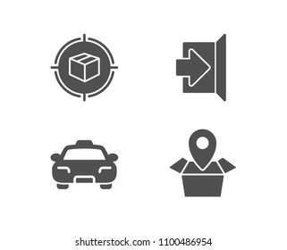 Set of Parcel tracking, Exit and Taxi icons. Package location sign. Box in target, Escape, Passengers transport. Delivery tracking.  Quality design elements. Classic style. Vector