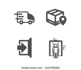 Set of Parcel tracking, Exit and Truck delivery icons. Elevator sign. Package location pin, Escape, Express service. Lift.  Classic design parcel tracking icon. Flat design. Vector