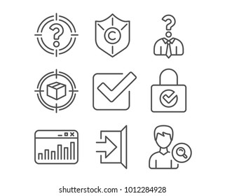 Set of Parcel tracking, Headhunter and Ð¡opyright protection icons. Password encryption, Marketing statistics and Checkbox signs. Hiring employees, Exit and Search people symbols. Vector