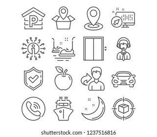 Set of Parcel tracking, Parking and Shipping support icons. Lift, Bumper cars and Ship signs. Package location, Location and Car symbols. Box in target, Garage, Delivery manager. Vector