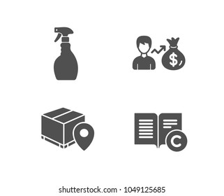 Set of Parcel tracking, Sallary and Spray icons. Ð¡opyright sign. Package location pin, Person earnings, Washing cleanser. Copywriting book.  Quality design elements. Classic style. Vector