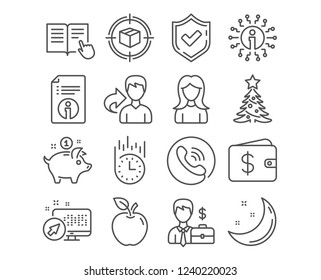 Set of Parcel tracking, Technical info and Christmas tree icons. Businessman case, Woman and Fast delivery signs. Dollar wallet, Read instruction and Saving money symbols. Vector