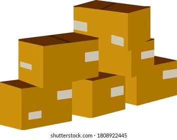 Set of parcels in cardboard boxes. Square carton. Cartoon flat illustration. Warehouse and mail item. Delivery of cargo. Packed goods. Brown objects