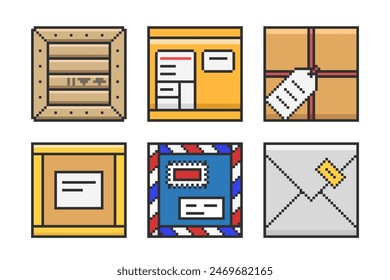 Set of parcels in pixel style. Packing boxes. Front view. Vector illustration