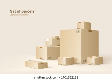 Conjunto de paquetes. Plantilla de paquetes de compra. Cajas de cartón para el embalaje y transporte de mercancías. Ilustración conceptual del vector.