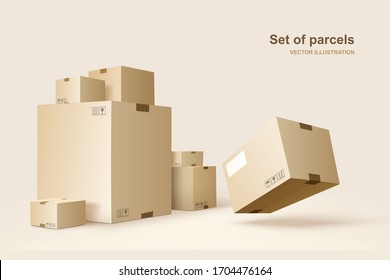 Set of parcels. Template of shopping packages. Cardboard boxes for packing and transportation of goods. Vector concept illustration.
