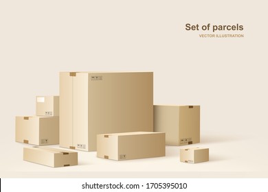 Set of parcels. Template of shopping packages. Cardboard boxes for packing and transportation of goods. Vector concept illustration.