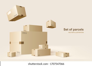 Conjunto de paquetes. Plantilla de paquetes de compra. Cajas de cartón para el embalaje y transporte de mercancías. Ilustración conceptual del vector.